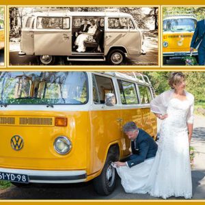 bruidegom poets de wiel met bruidsjurk