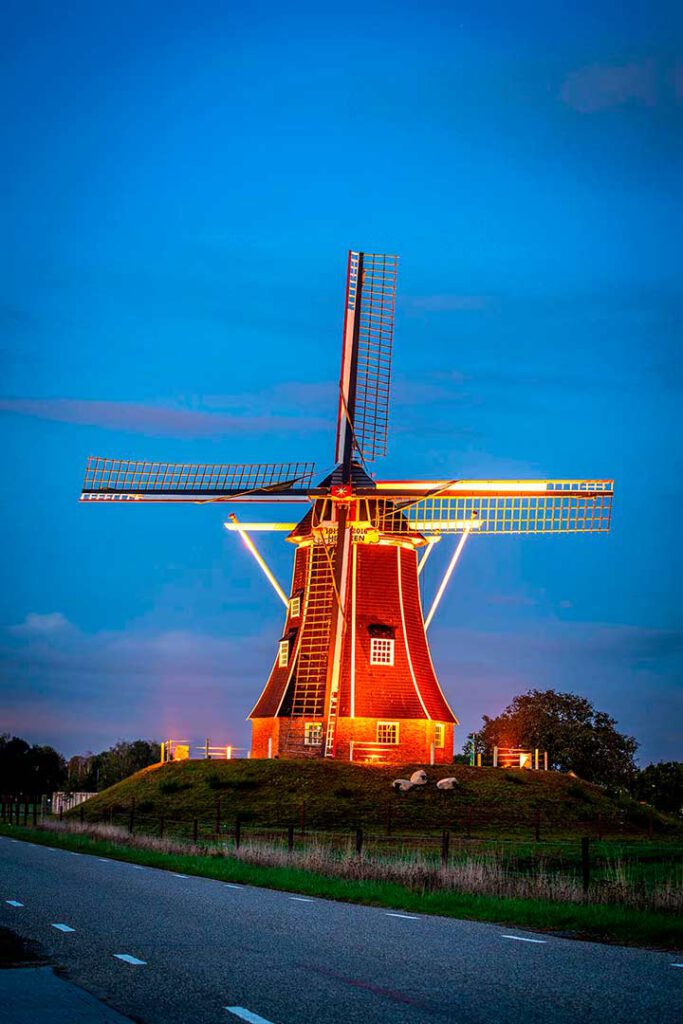 Authentieke Nederlandse molen 'De Hoop' verlicht in het blauwe uur, met schapen op de heuvel en een weg op de voorgrond.