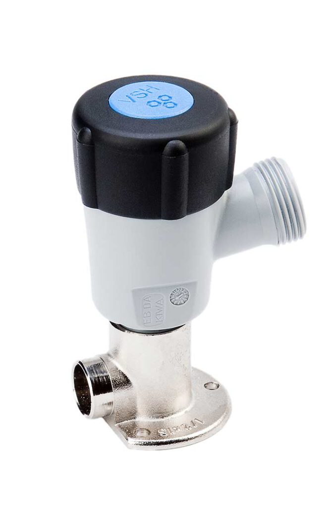 Witte productfoto van een kraan of ventiel met een blauw-zwarte bovenkant en metaal-kleurige aansluiting.